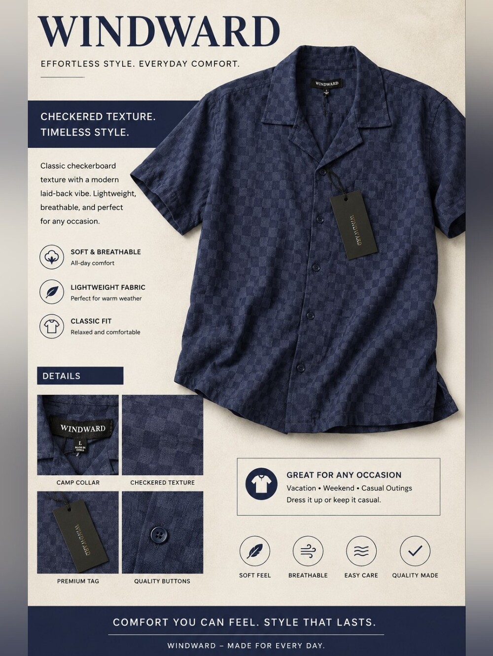 Winward Men’s Short-Sleeve Button-Down Shirt - Navy Checkered